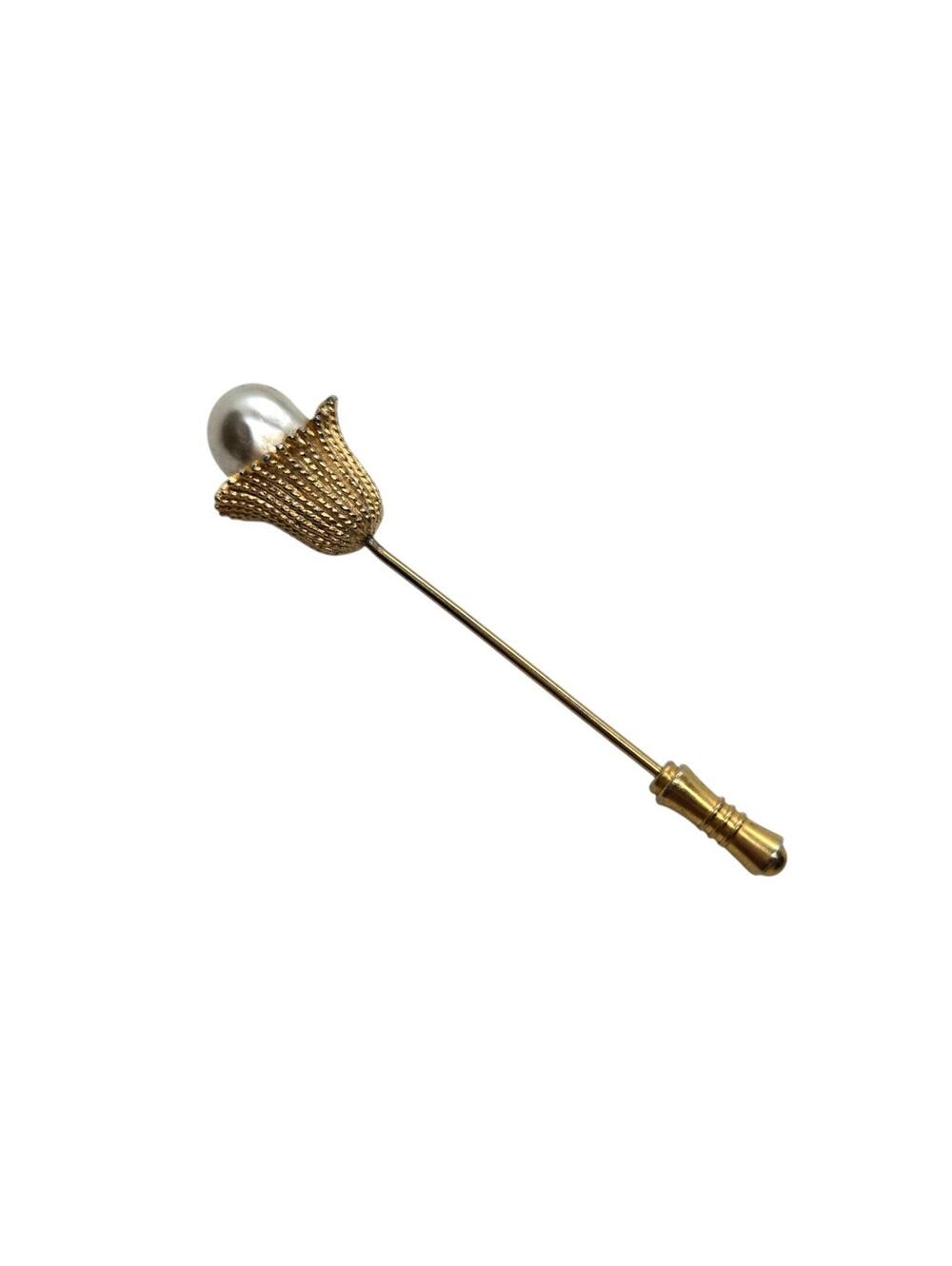 Gold Tone Stick Pin With Faux Pearl Floral Design, EUC